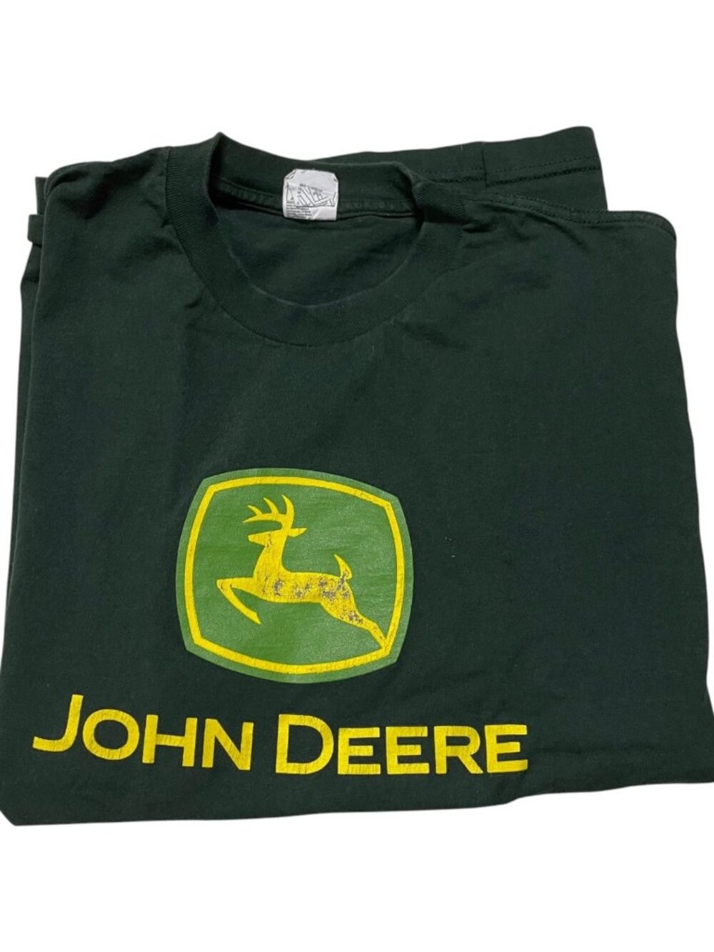 John Deere Logo T-Shirt L Deer Pine Green 100% Cotton Farmer Mens Short Sleeve